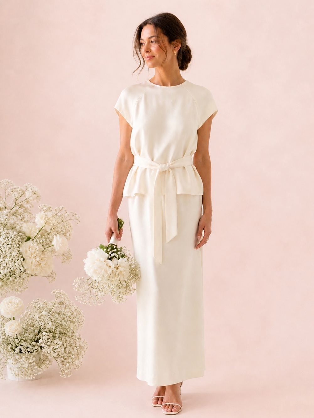YL by Yair Vintage Ivory Belted Cap Sleeve‎ Column Dress Sz. 10 Small